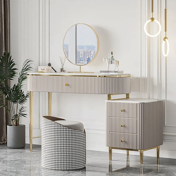 Champagne Faux Marble Top Makeup Vanity Set with 1 Stool & 1 Cabinet & 1 Mirror