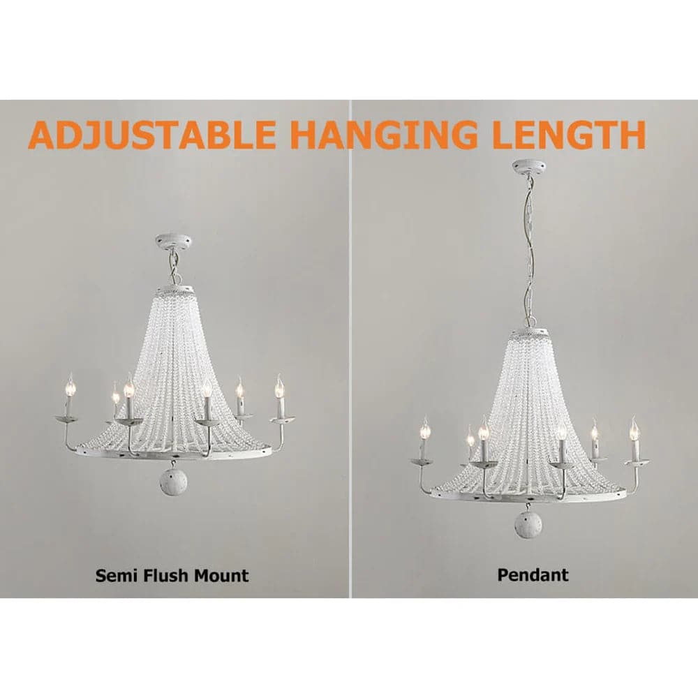 Crylite French Country Candle-Shaped 6-Light Crystal Bead Strands Metal Wheel Chandelier#6-Light