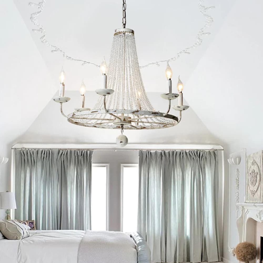 Crylite French Country Candle-Shaped 6-Light Crystal Bead Strands Metal Wheel Chandelier#6-Light