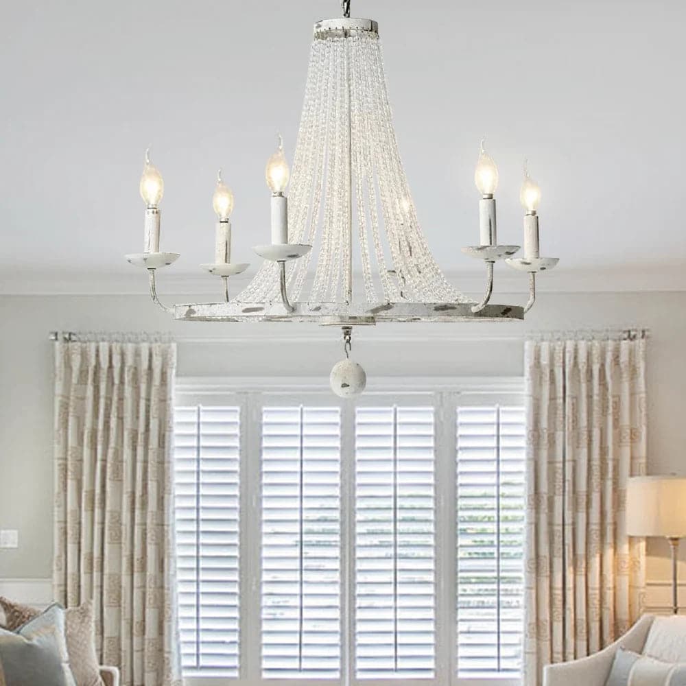 Crylite French Country Candle-Shaped 6-Light Crystal Bead Strands Metal Wheel Chandelier#6-Light