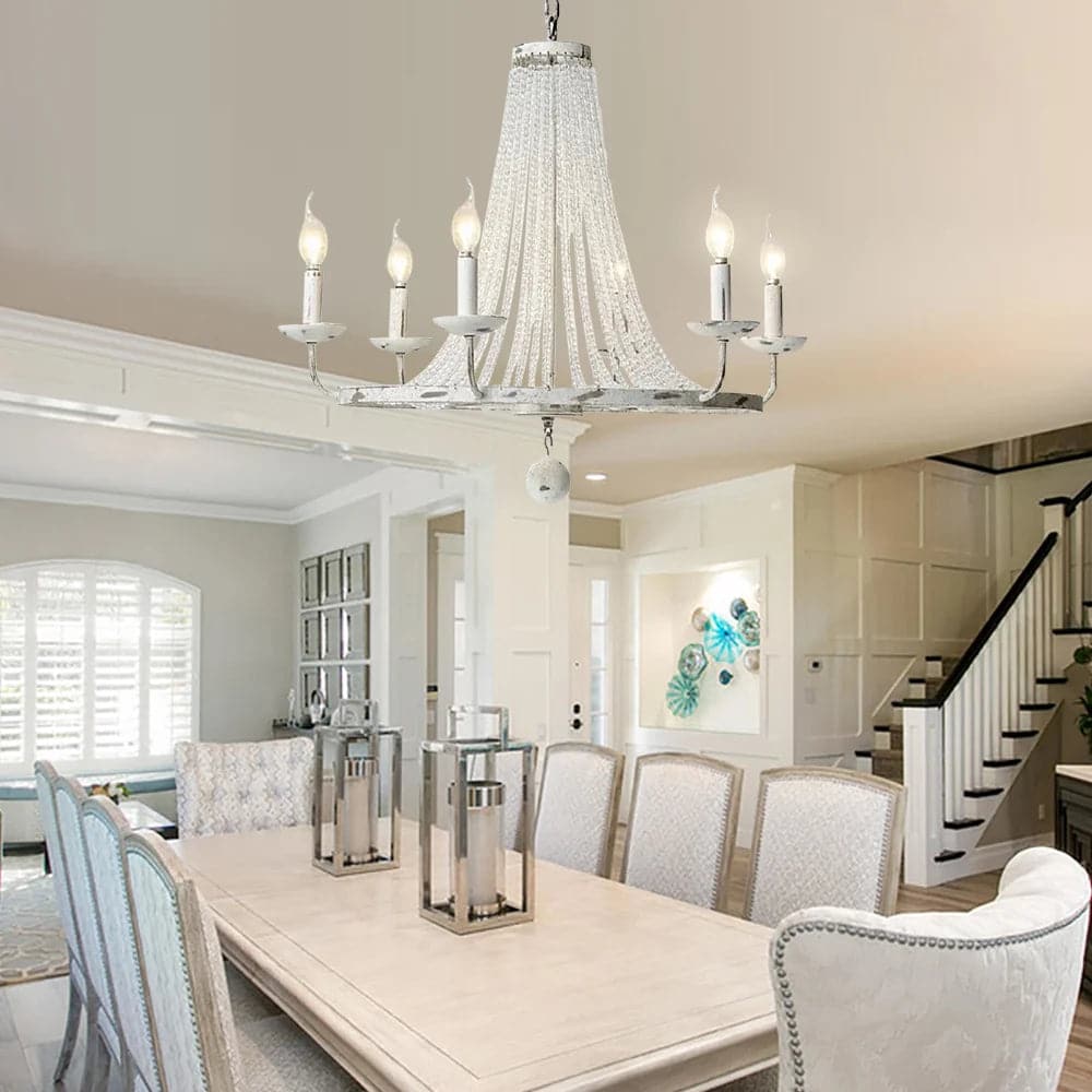 Crylite French Country Candle-Shaped 6-Light Crystal Bead Strands Metal Wheel Chandelier#6-Light