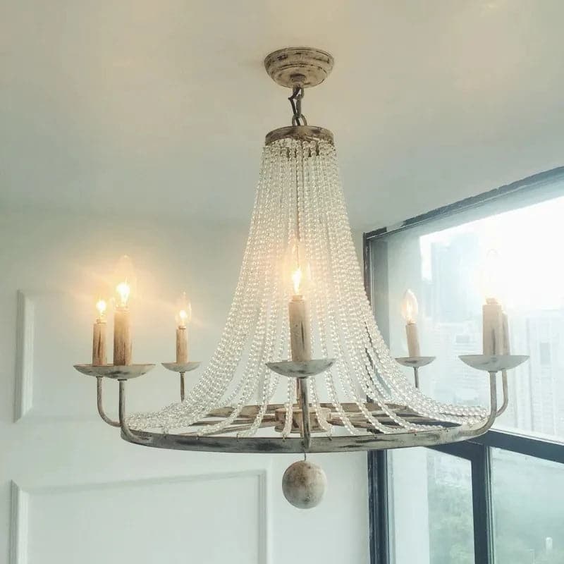 Crylite French Country Candle-Shaped 6-Light Crystal Bead Strands Metal Wheel Chandelier#8-Light
