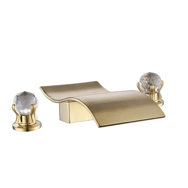 Deck Mount Widespread Waterfall 2 Crystal Handle Bathroom Sink Faucet in Brushed Gold