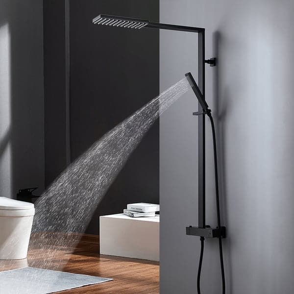 Exposed Thermostatic Shower Fixture with Rain Shower Head and Hand Shower Matte Black