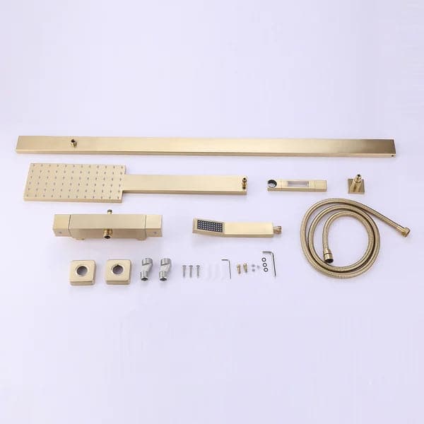 Exposed Thermostatic Shower Fixture with Rain Shower Head and Hand Shower Brushed Gold