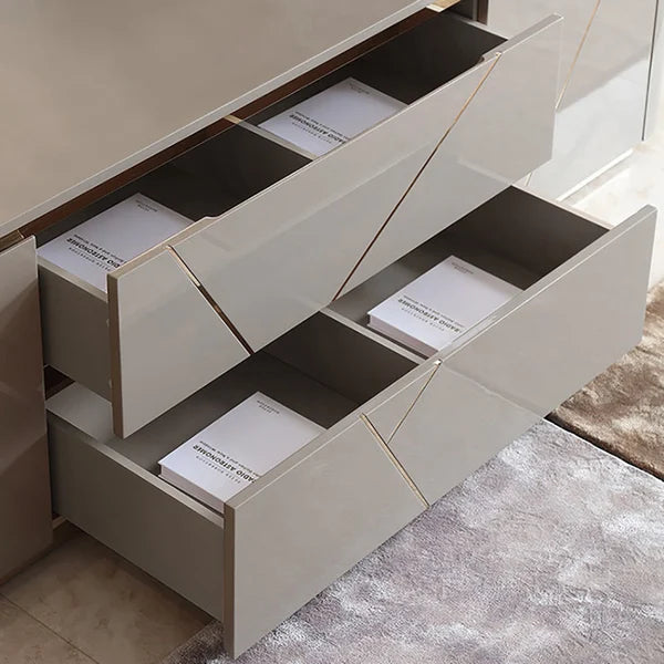 Meuble TV gris avec tiroir et étagères Console multimédia dorée jusqu'à 100"