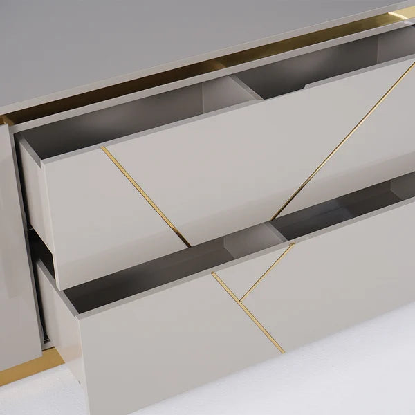 Meuble TV gris avec tiroir et étagères Console multimédia dorée jusqu'à 100"