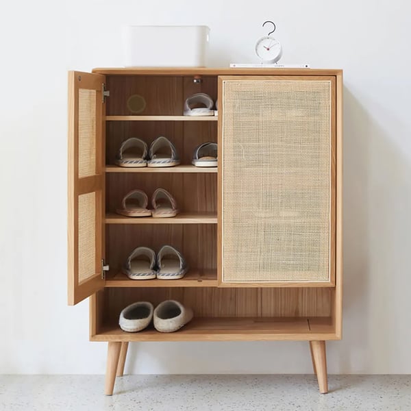 Japandi Natural Shoe Storage Cabinet Rattan 2 Doors & 4 Shelves Entryway