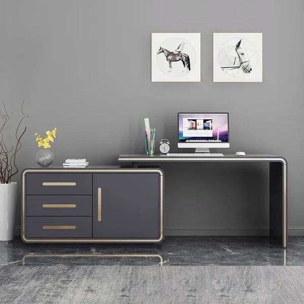 L-Shaped 47 Inches Gray Corner Desk with File Cabinet Rotating Computer Desk in Gold Finish