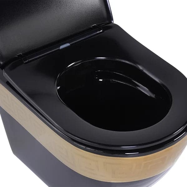 Luxury Round Wall-Mount Toilet Rimless Flushing Ceramic in Black & Gold Rim