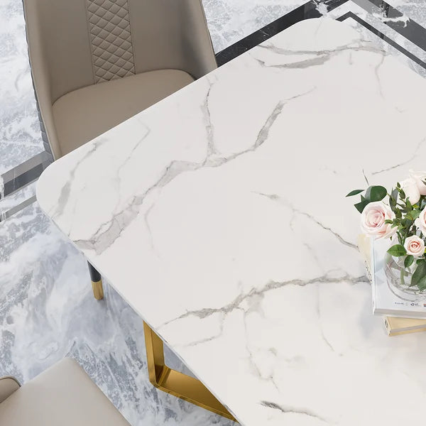 Rectangle moderne 63" acier inoxydable de base d'or de table de salle à manger de faux marbre