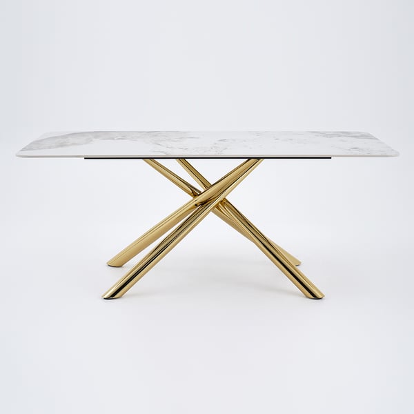 Table de salle à manger rectangulaire moderne de 71 po avec plateau en pierre frittée et tréteau en acier inoxydable