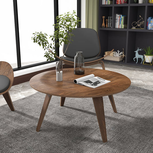 Mid-Century Modern Round Coffee Table with 4 Legs Walnut Small Accent Table