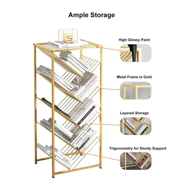 Bibliothèque rectangulaire Mid-Century en métal doré avec étagères