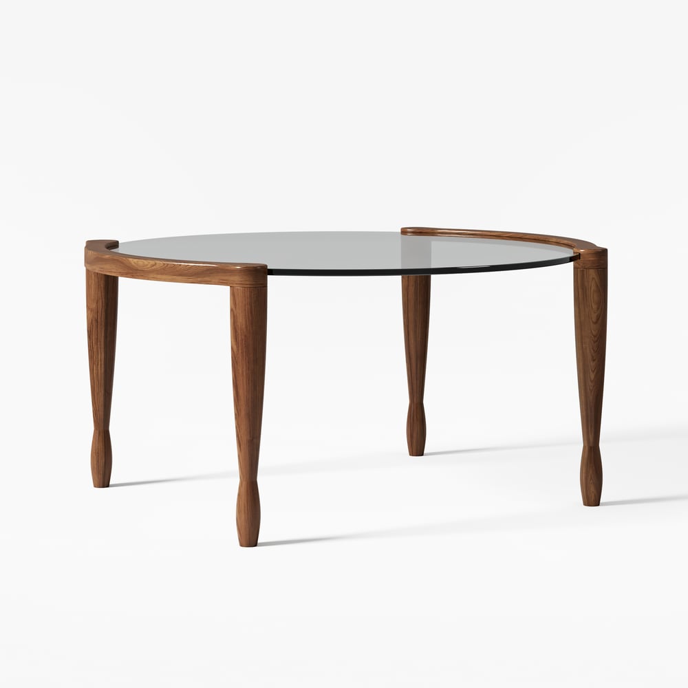 Mid Century Modern Glass Round Coffee Table with Wood Legs