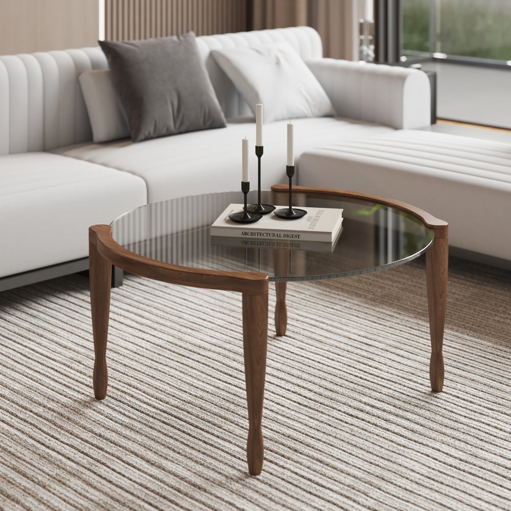 Mid Century Modern Glass Round Coffee Table with Wood Legs