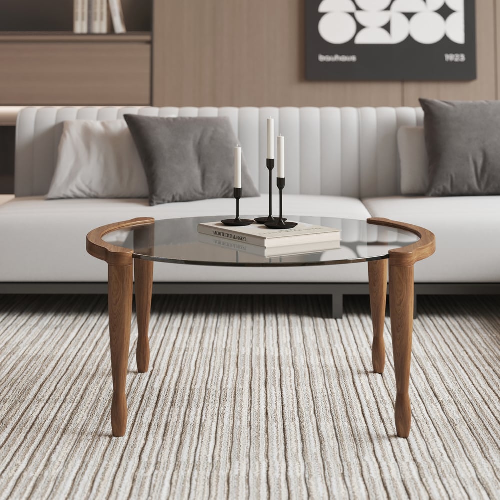 Mid Century Modern Glass Round Coffee Table with Wood Legs