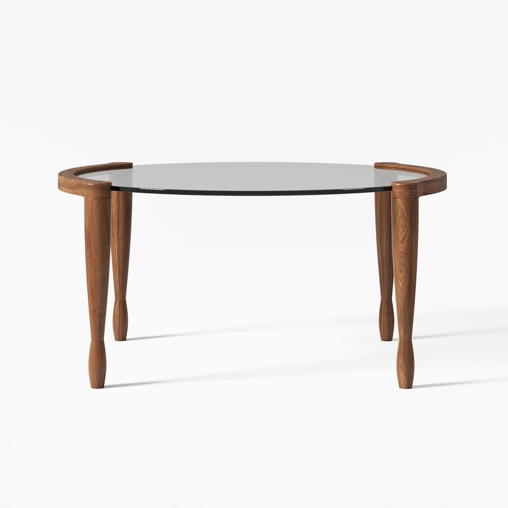 Mid Century Modern Glass Round Coffee Table with Wood Legs