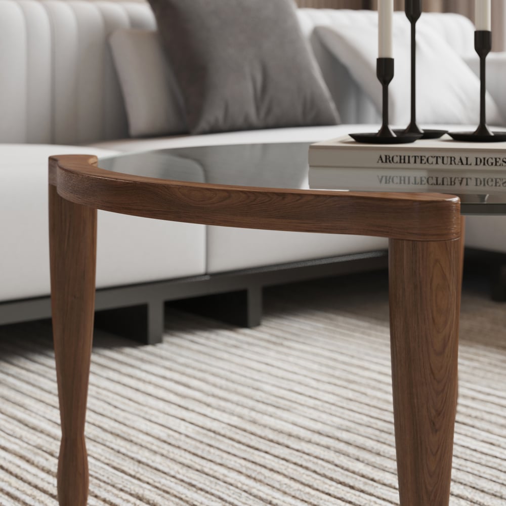 Mid Century Modern Glass Round Coffee Table with Wood Legs