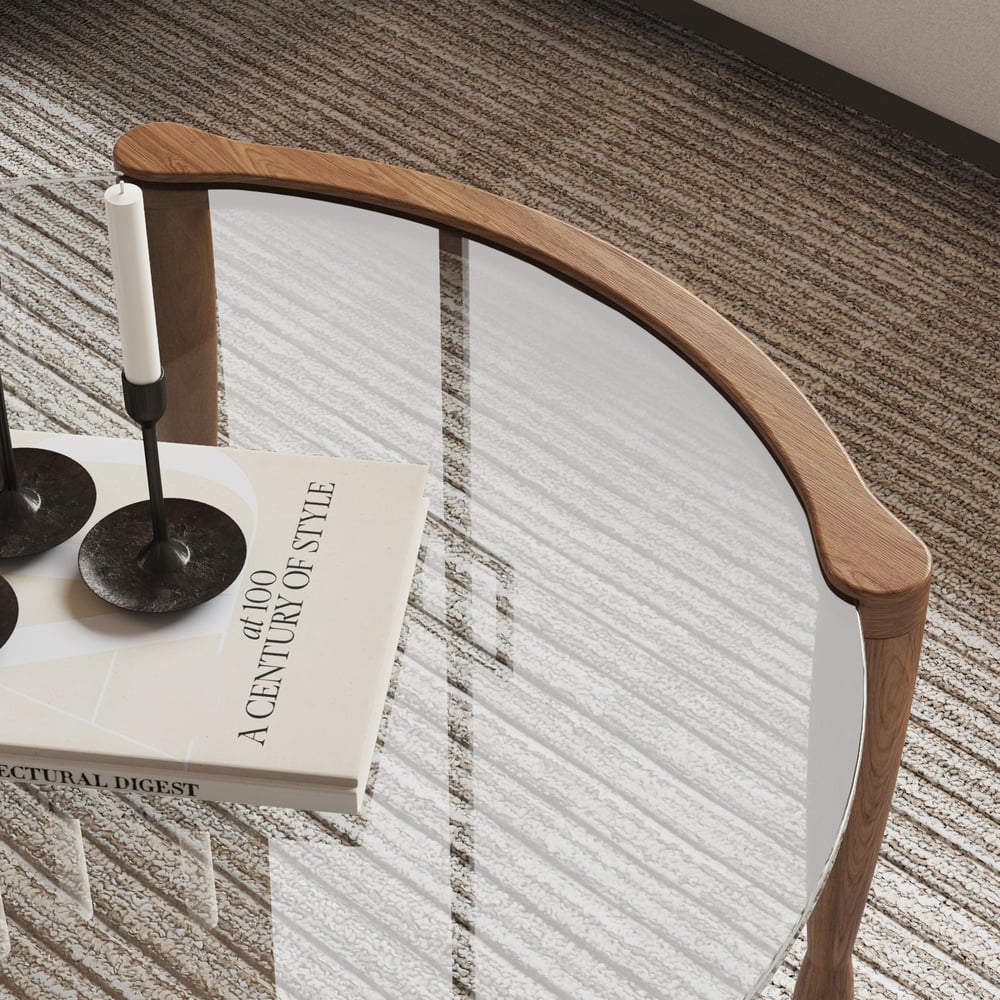 Mid Century Modern Glass Round Coffee Table with Wood Legs