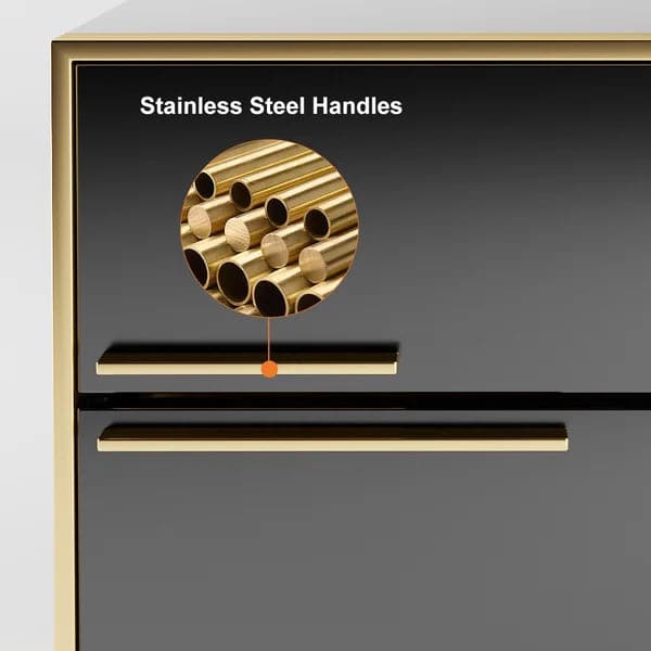 Modern 2 Drawers Black Lacquer Nightstand Square Bedside Table in Gold Left