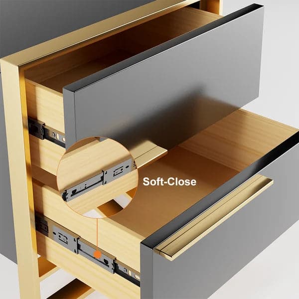 Modern 2 Drawers Black Lacquer Nightstand Square Bedside Table in Gold Left