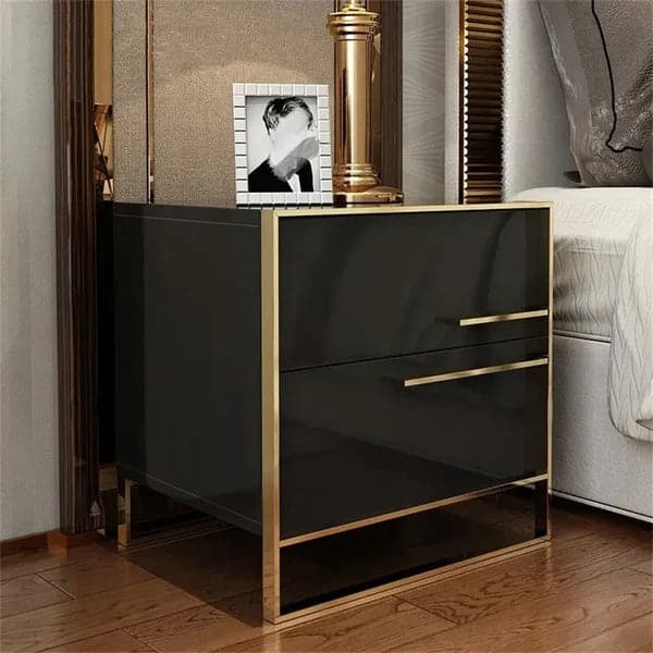 Modern 2 Drawers Black Lacquer Nightstand in Gold