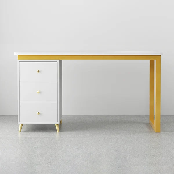 Modern Wooden Home Office White/Black Computer Desk with 3 Drawers & Side Cabinet in Gold#White-S