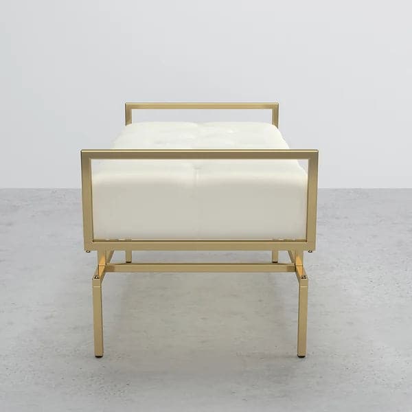 Modern Beige Entryway Bench Faux Leather Upholstered Tufted Bench Gold Legs