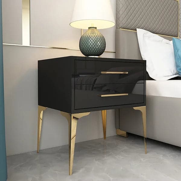 Modern Black Nightstand Glossy 2-Drawer Bedside Cabinet High Legs