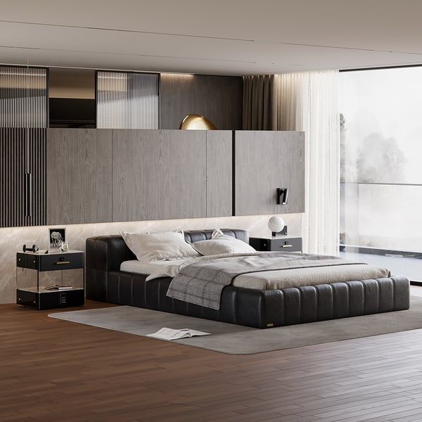 Modern Black Smart Leather Nightstand with Light & Sintered Stone Top & Fingerprint Lock