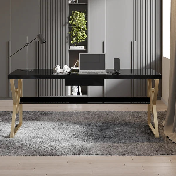 Modern White/Black Writing Desk with Drawer & Shelf Wood Top & Metal Frame#Black-S