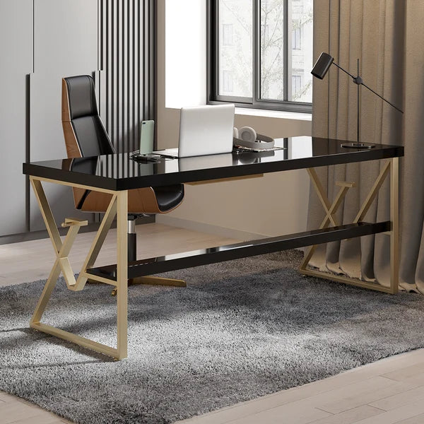 Modern White/Black Writing Desk with Drawer & Shelf Wood Top & Metal Frame#Black-S