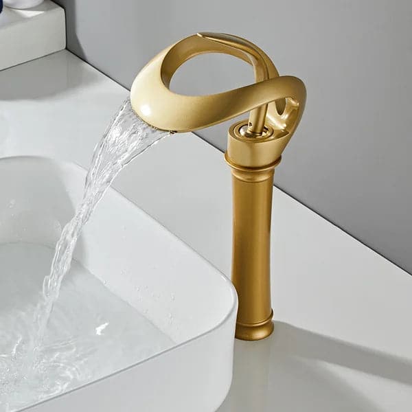 Modern Elegant Waterfall Bathroom Vessel Sink Faucet Single Handle Solid Brass in Gold