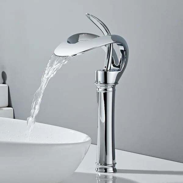 Modern Elegant Waterfall Bathroom Vessel Sink Faucet Single Handle Solid Brass in Chrome