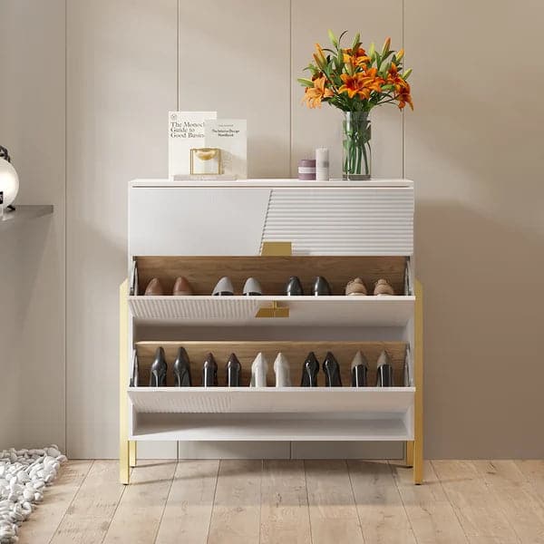 Modern Entryway White Shoe Storage Narrow Shoe Cabinet with 2 Flip Doors & 1 Drawer