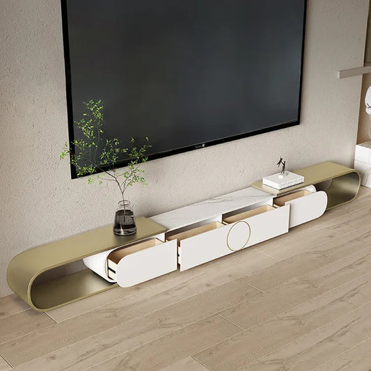 Meuble TV ovale extensible moderne en métal avec 4 tiroirs en or et blanc pour téléviseur jusqu'à 120"