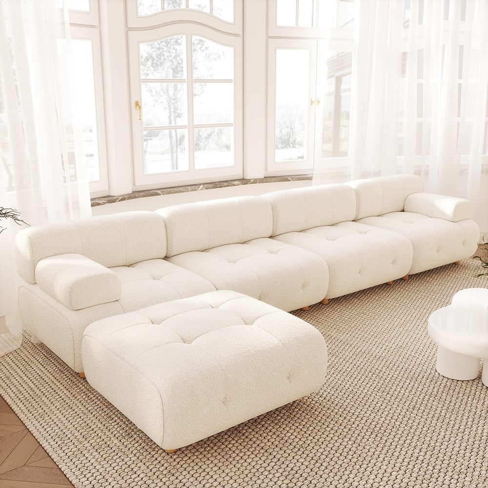 Modern L-Shaped Modular White Boucle Corner Sectional Sofa Loveseat with Wood Legs