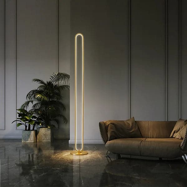 Lampadaire LED linéaire moderne, Base en métal doré, lampe sur pied en laiton