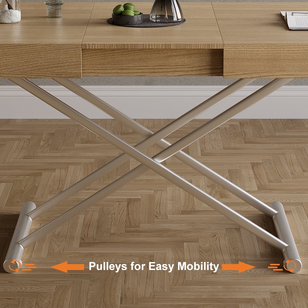 Modern Natural Wood Extendable Coffee Table & Dining Table Rectangle Height Adjustable