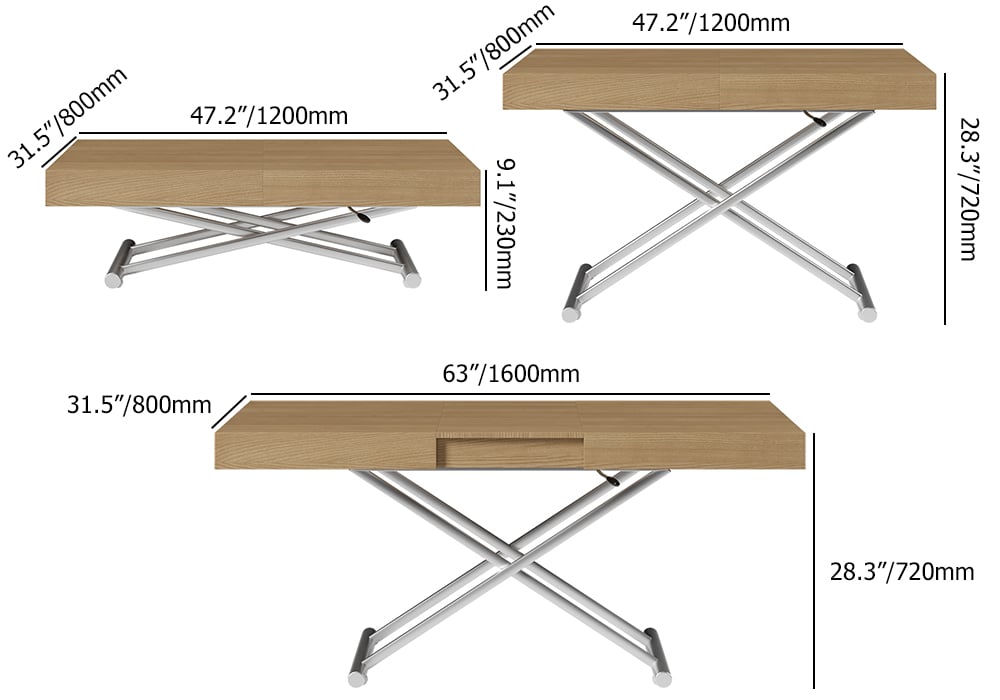 Modern Natural Wood Extendable Coffee Table & Dining Table Rectangle Height Adjustable
