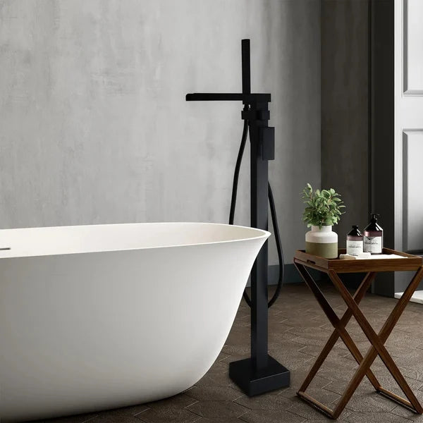 Modern Waterfall Bathroom Tub Faucet with Handheld Spray Solid Brass Matte Black