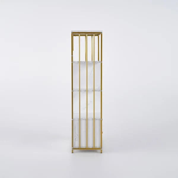 Étagère à livres en bois blanche moderne avec 2 tiroirs dans un cadre en métal doré