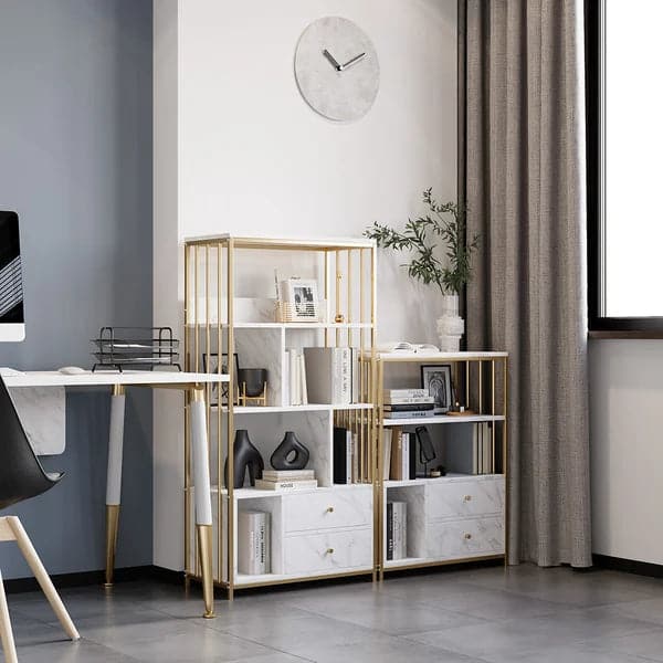 Étagère à livres en bois blanche moderne avec 2 tiroirs dans un cadre en métal doré