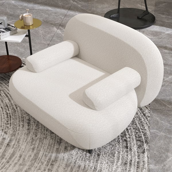 Modern White Cream Boucle Accent Chair with Pouf Ottoman Set Lounge Chair with Footstool