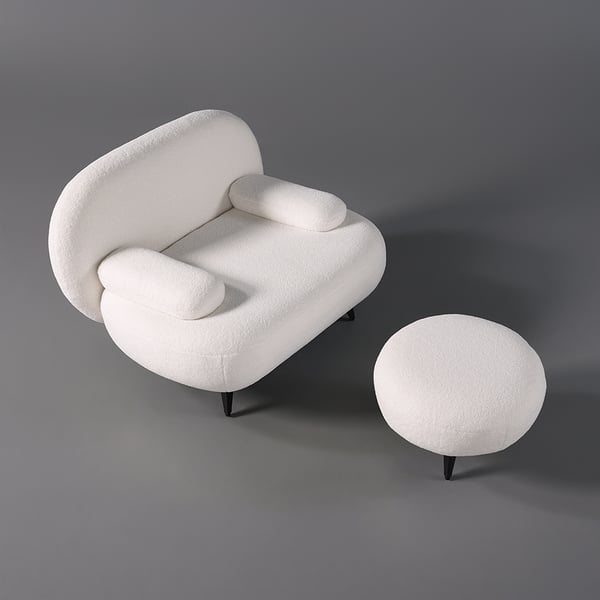 Modern White Cream Boucle Accent Chair with Pouf Ottoman Set Lounge Chair with Footstool