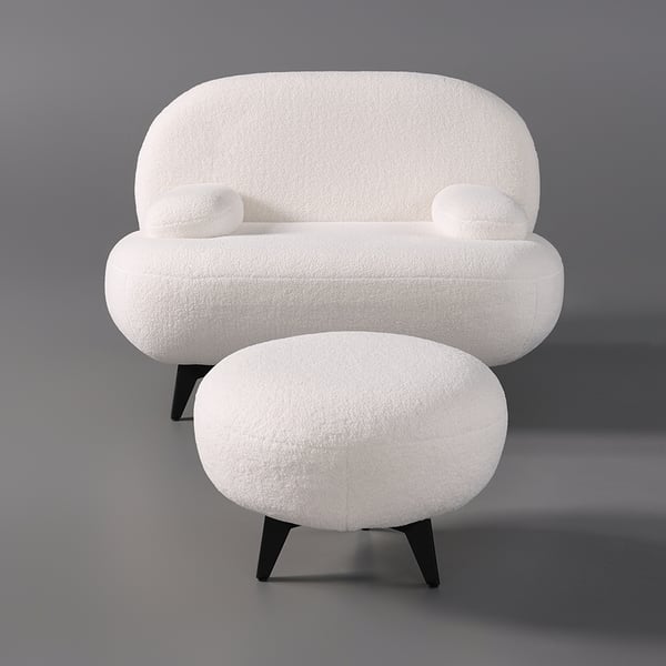 Modern White Cream Boucle Accent Chair with Pouf Ottoman Set Lounge Chair with Footstool