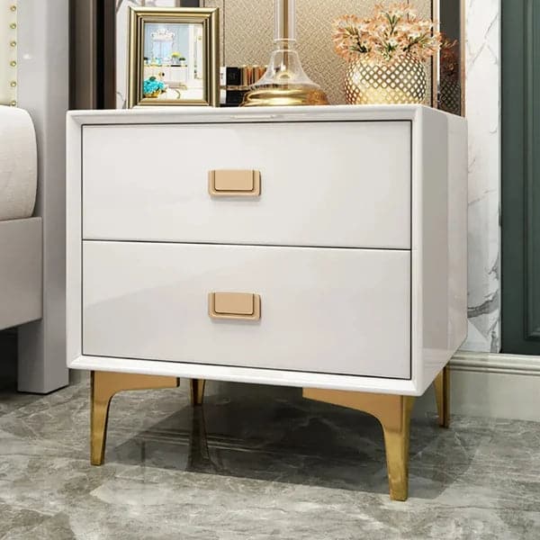 Modern White Nightstand 2 -Drawer Bedside Table in Gold Finish