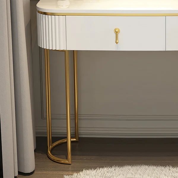 Modern White Oval Extendable Makeup Vanity with 5-Drawer Side Cabinet Included