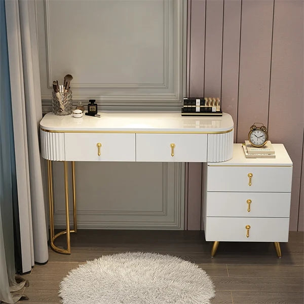 Modern White Oval Extendable Makeup Vanity with 5-Drawer Side Cabinet Included